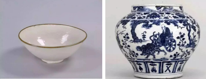 元代以后，青花瓷（右）逐漸取代了定瓷（左）