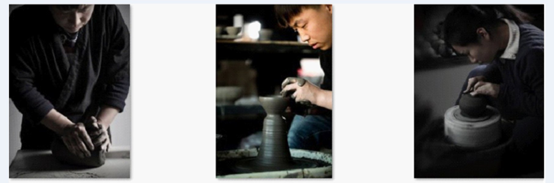 大宋定窯的匠人們展示揉泥、拉坯、修坯這三道工序